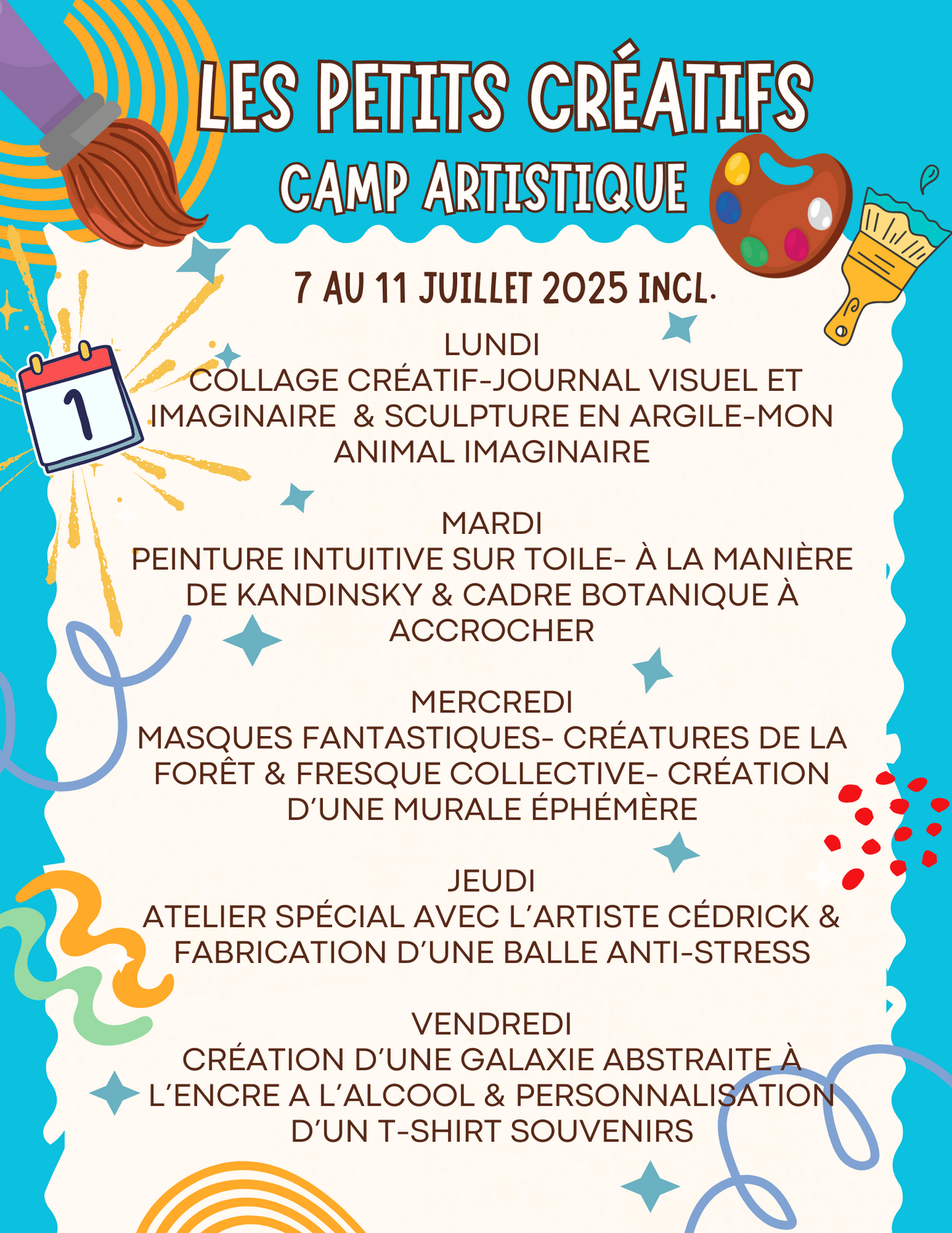 CAMP ARTISTIQUE LES PETITS CRÉATIFS SPORTIFS ÉTÉ 2025- Semaine 1 (7 au 11 juillet)