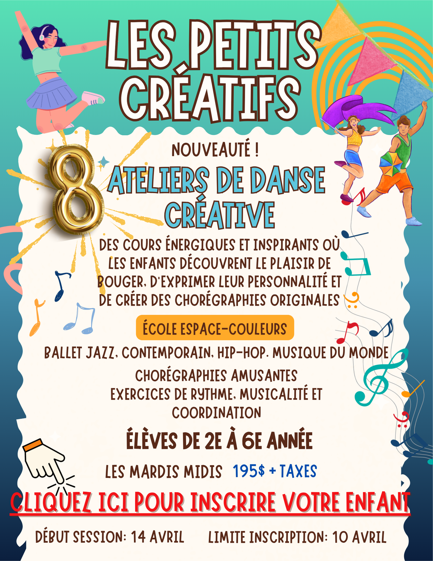 DANSE CRÉATIVE- ÉCOLE ESPACE-COULEURS |Printemps 2026 | MARDI MIDI 2e à 6e année