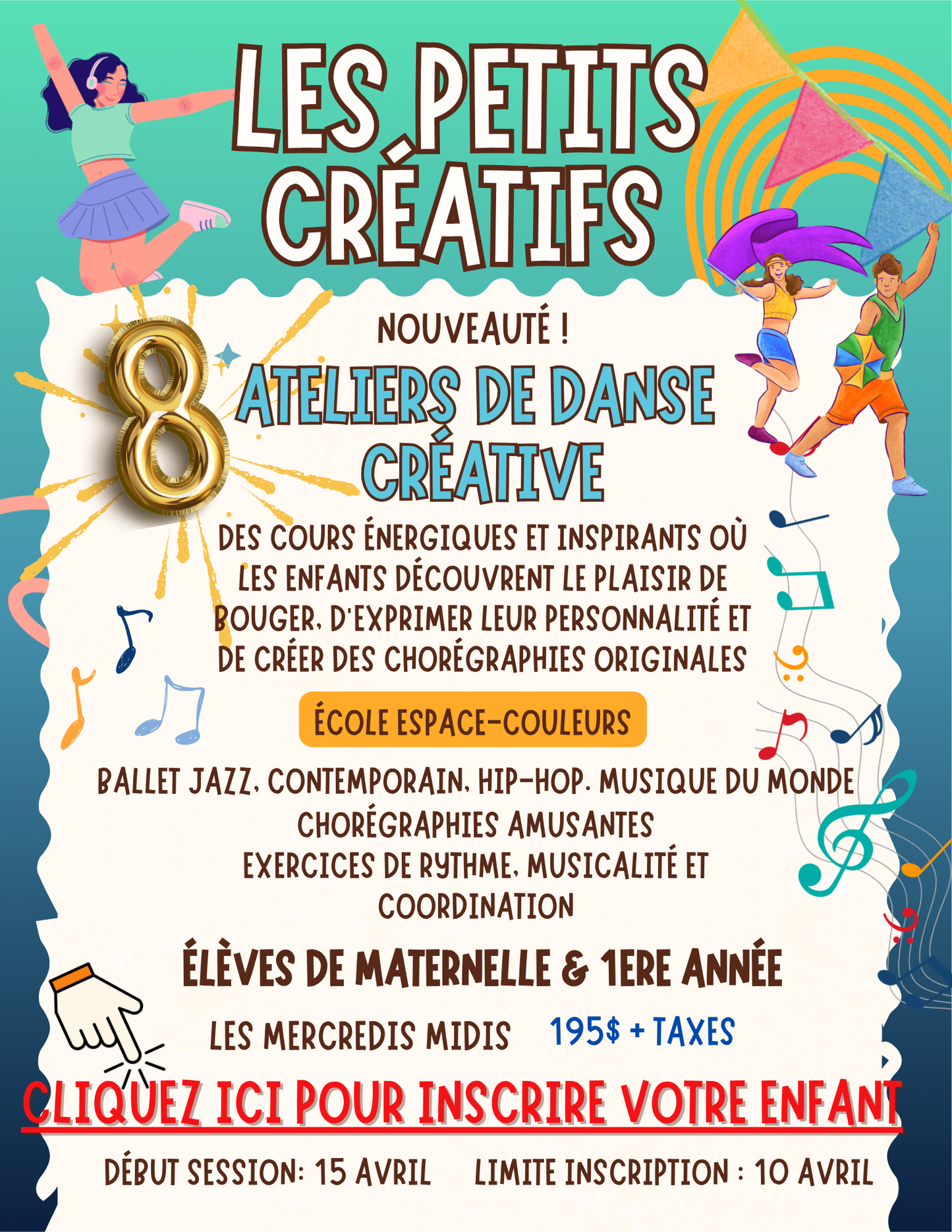 DANSE CRÉATIVE- ÉCOLE ESPACE-COULEURS |Printemps 2026 | MERCREDI MIDI Maternelle et 1ere année
