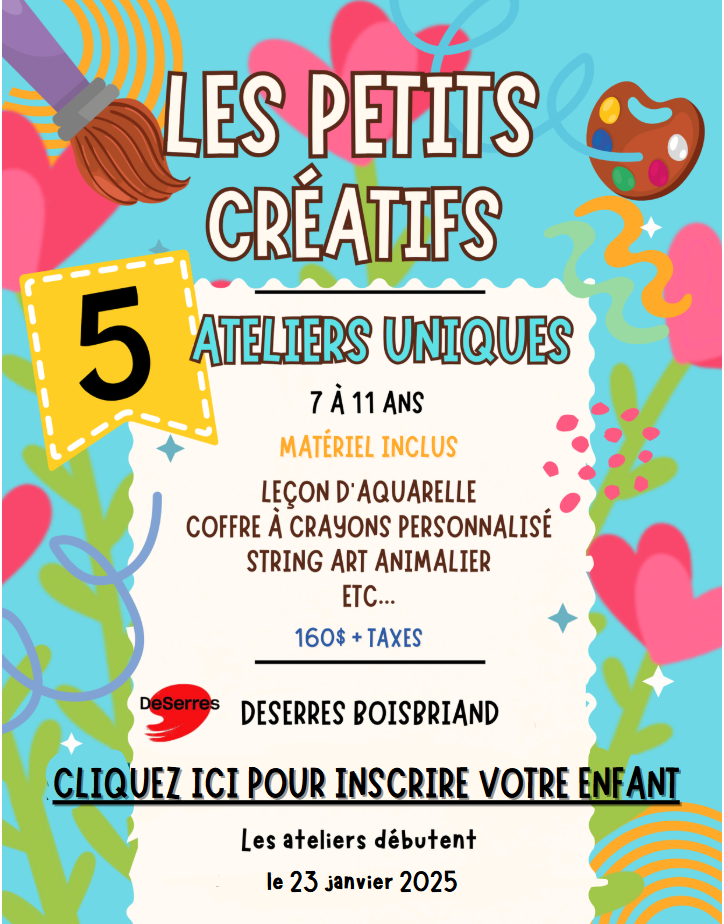 Les petits créatifs Deserres-  7 à 11 ans Janvier 2025- Jeudi 18h30 à 19h30