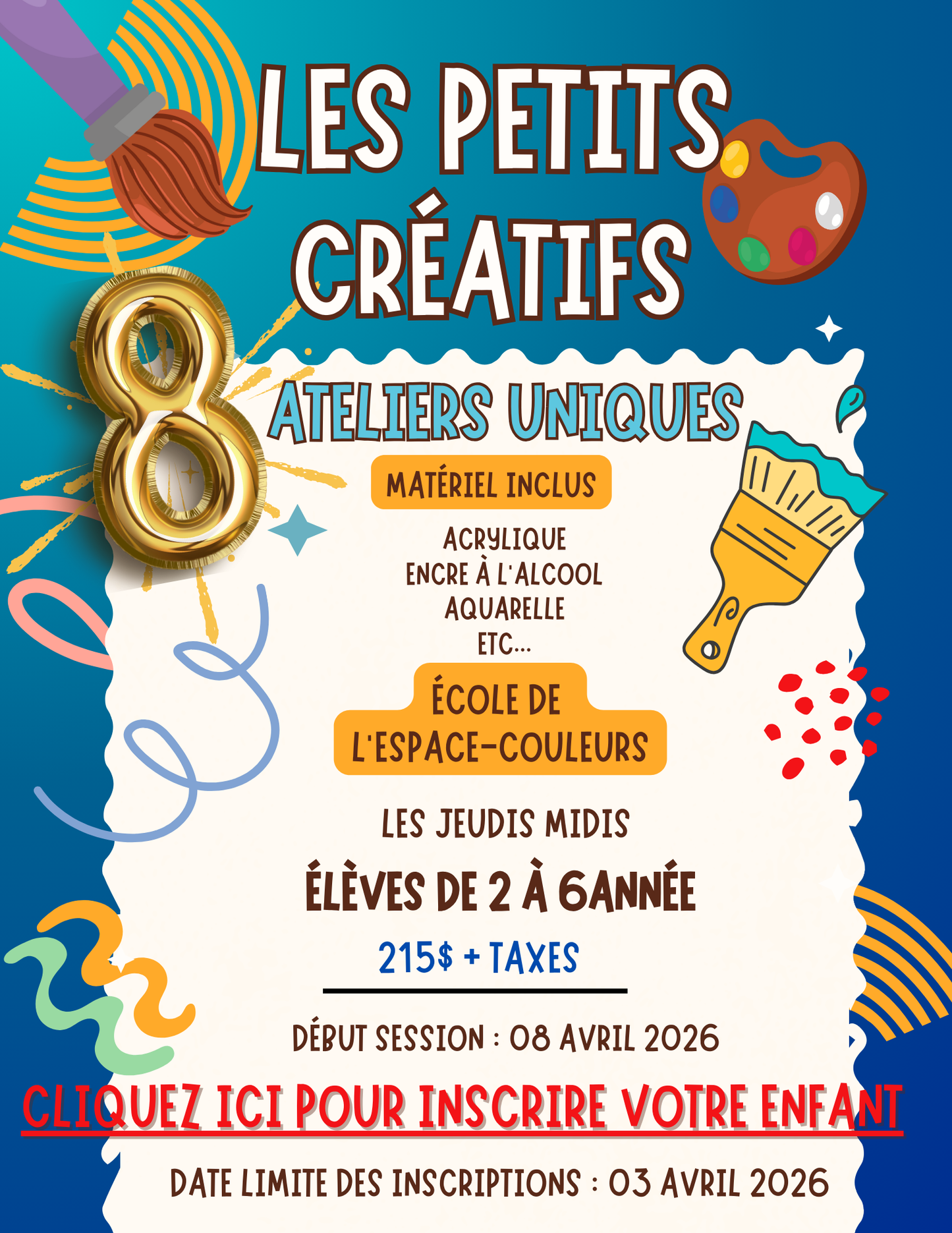 ÉCOLE DE L'ESPACE-COULEURS | Printemps 2026 | MERCREDIS midis- 2e à 6e année