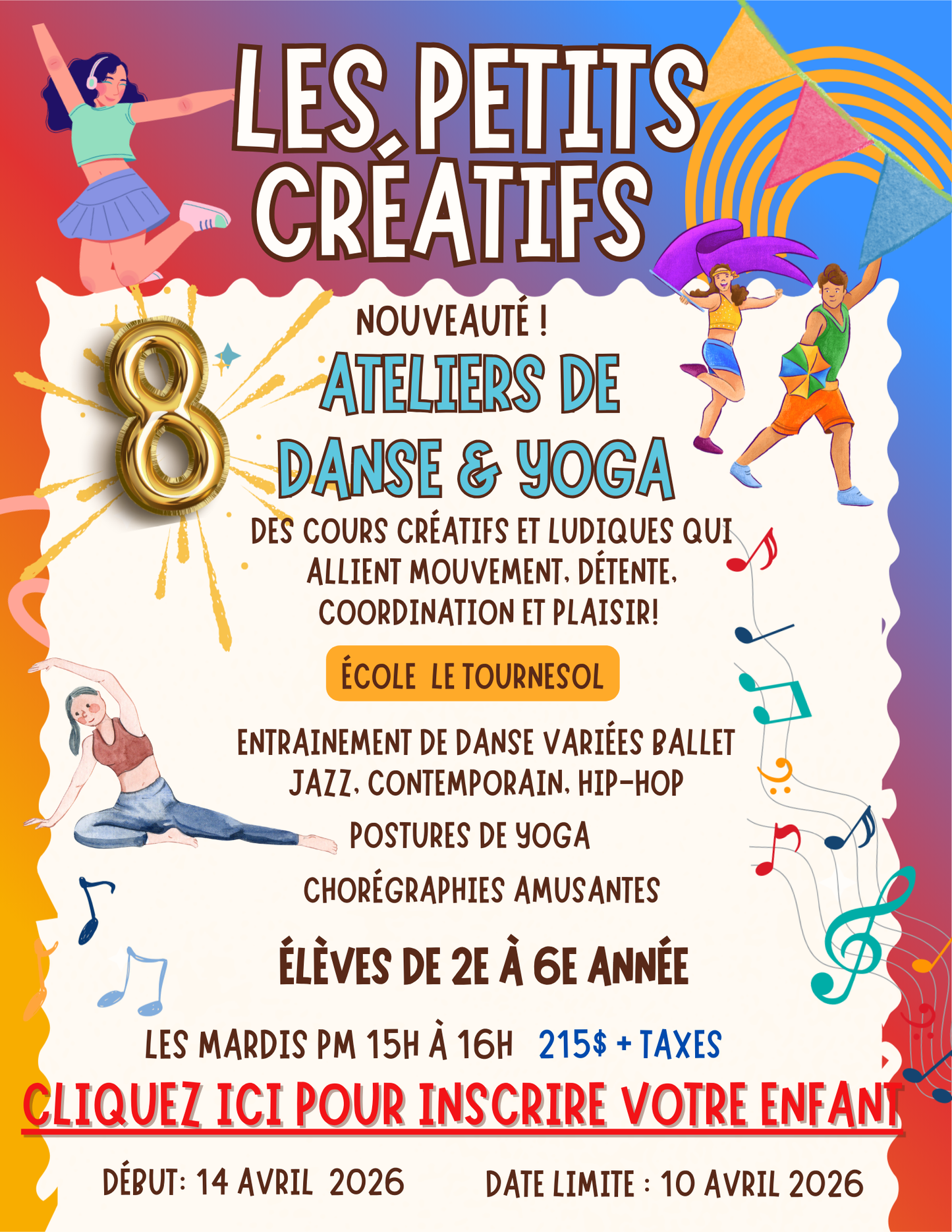 DANSE & YOGA- ÉCOLE LE TOURNESOL |Printemps 2026 | MARDI PM- 2 A 6E ANNÉE