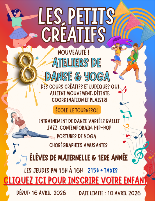 DANSE & YOGA- ÉCOLE LE TOURNESOL |Printemps 2026 | JEUDI PM Maternelle et 1ere année