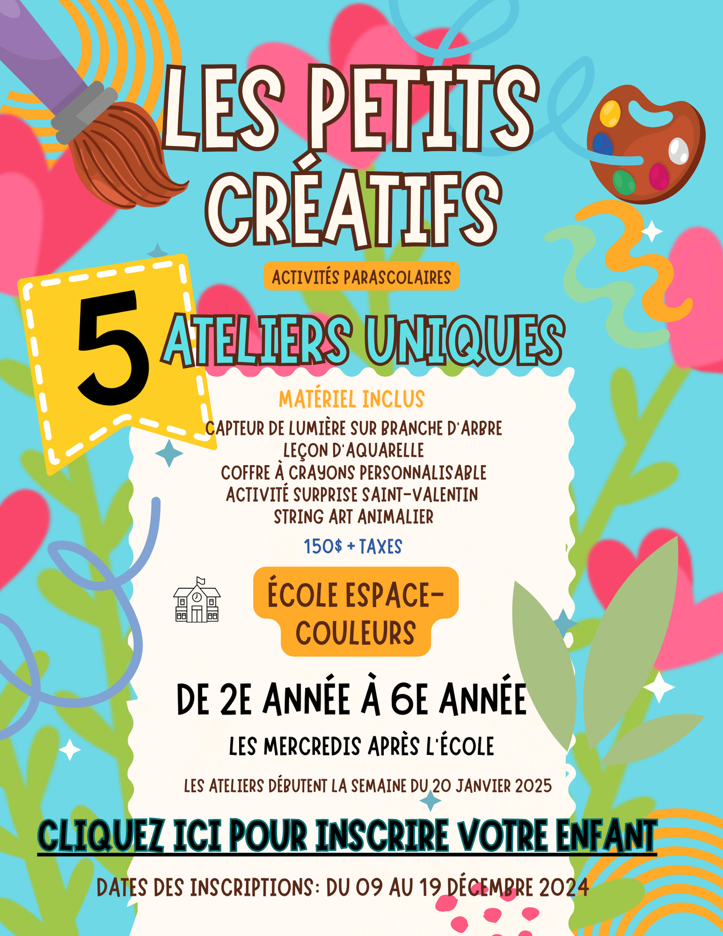 Ateliers d'art parascolaires Espace-Couleurs | HIVER 2025 | 2E À 6E ANNÉE | MERCREDI PM